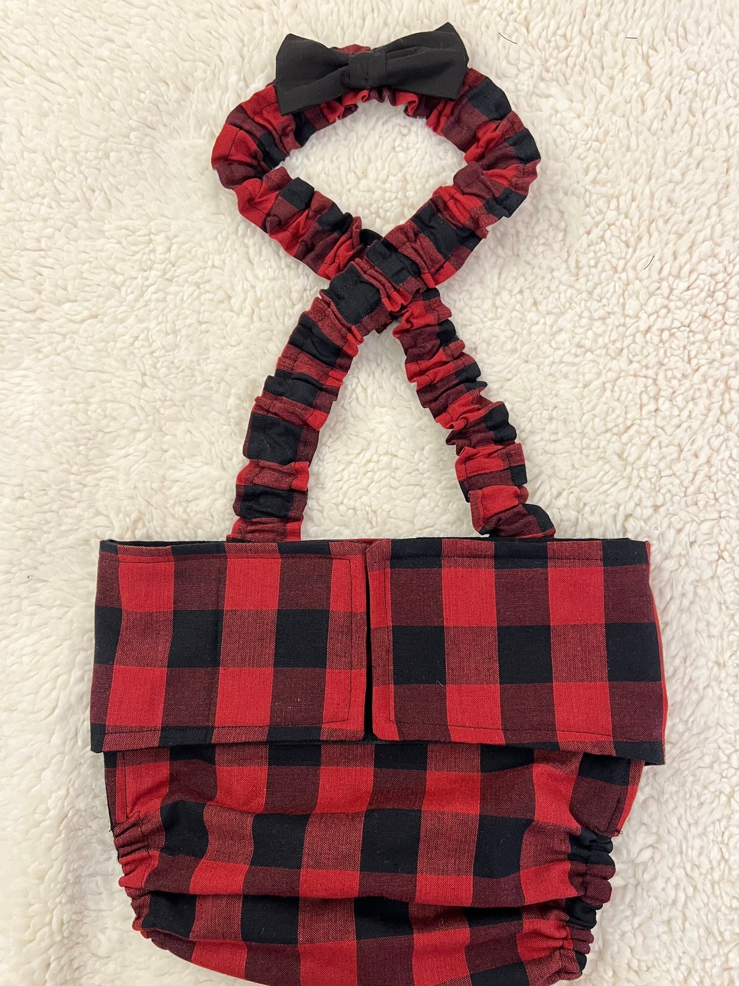 French Bulldog English Bulldog Male Belly Band Diaper w Suspenders - Buffalo Plaid with black bow tie