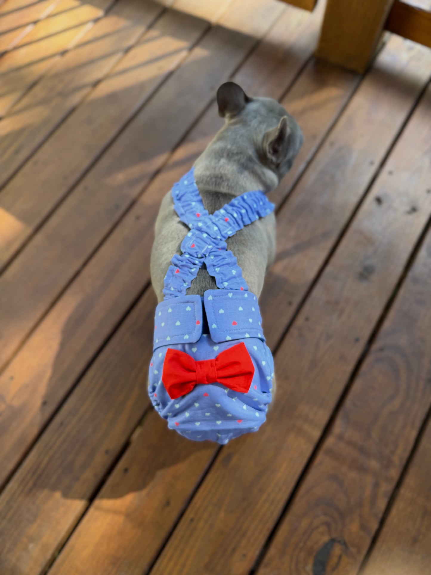 French Bulldog English Diaper Suspenders:  Red Gingham and Bluebell Set  - Wephies