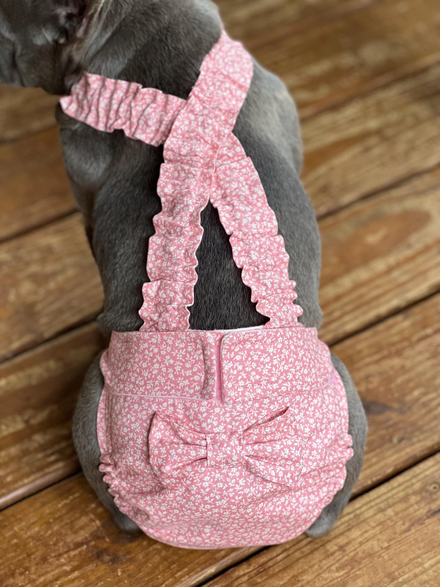 French Bulldog Heat Diaper with Suspenders – Washable Female Dog Diaper – Pink Sevenberry Floral