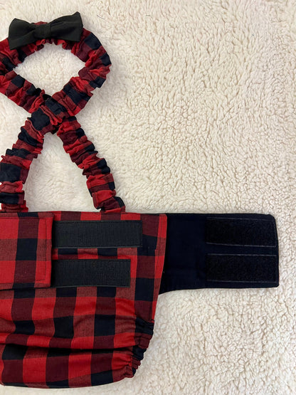 French Bulldog English Bulldog Male Belly Band Diaper w Suspenders - Buffalo Plaid with black bow tie