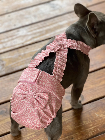 French Bulldog Heat Diaper with Suspenders – Washable Female Dog Diaper – Pink Sevenberry Floral