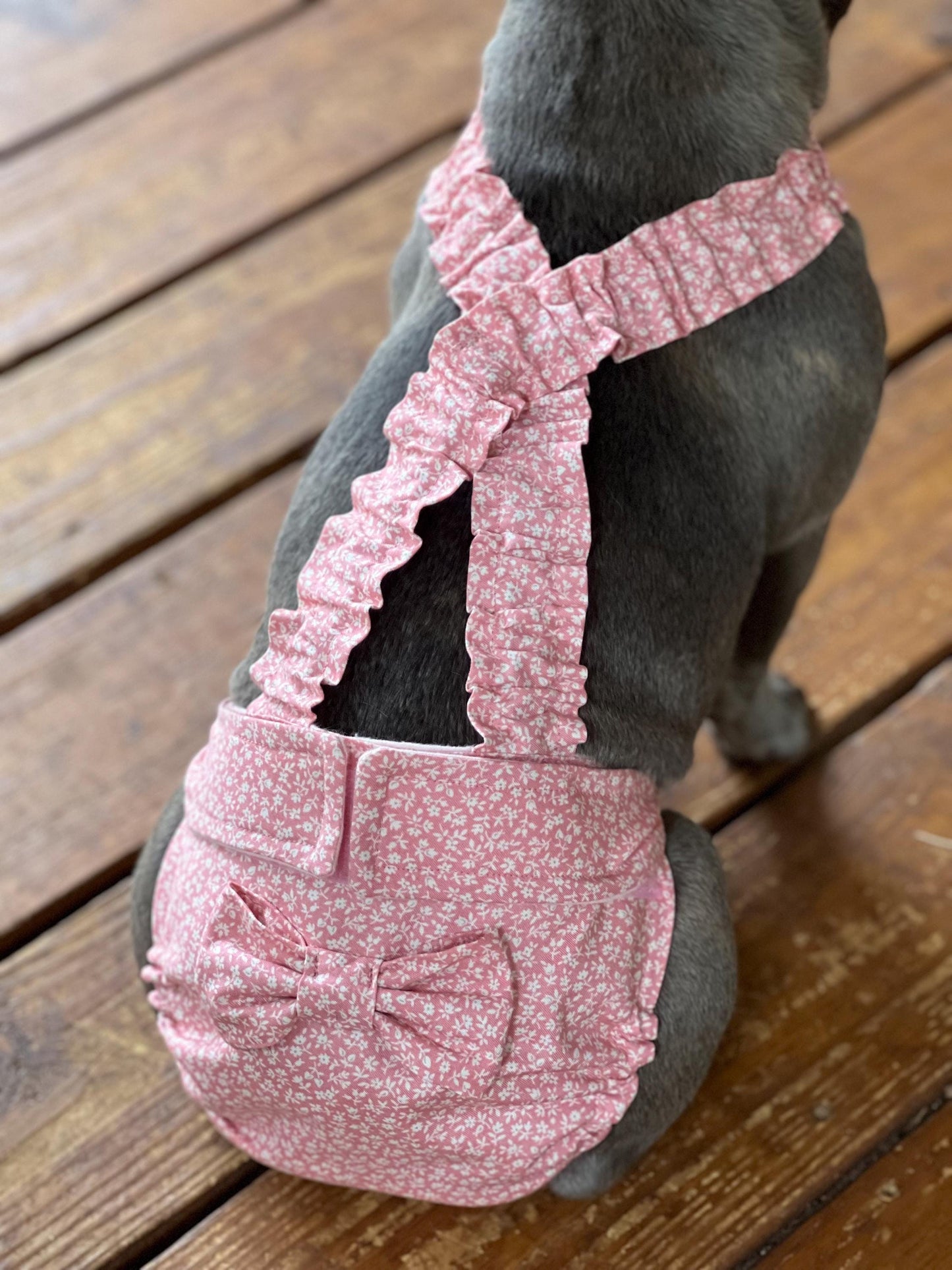 French Bulldog Heat Diaper with Suspenders – Washable Female Dog Diaper – Pink Sevenberry Floral
