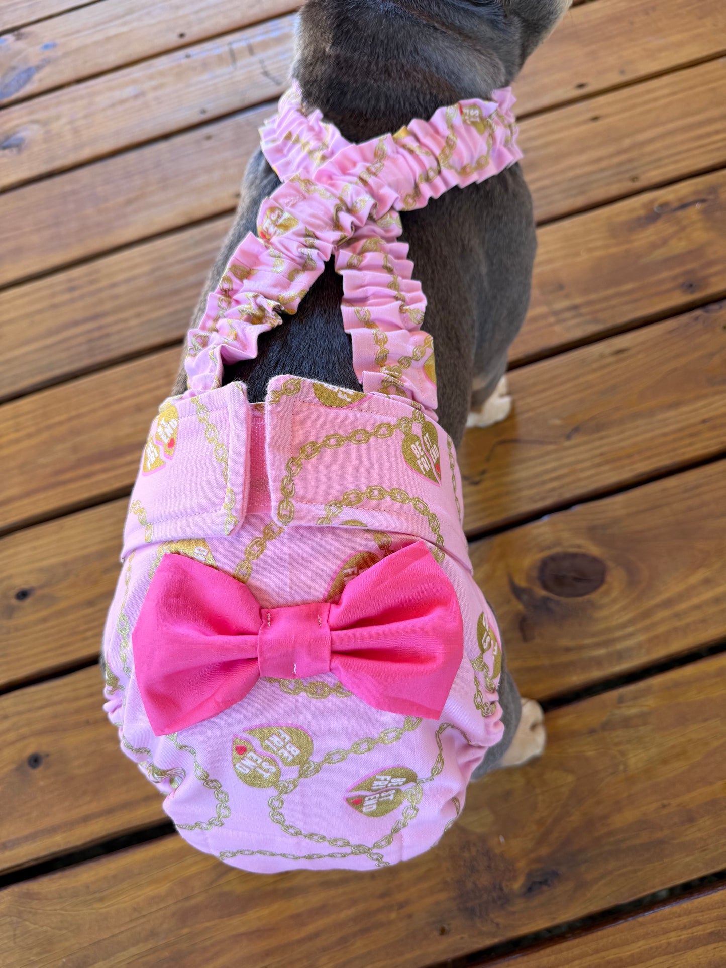 French Bulldog English Bulldog Female Dog Diaper with Suspenders - Pink My Best Friend w bow - Wephies