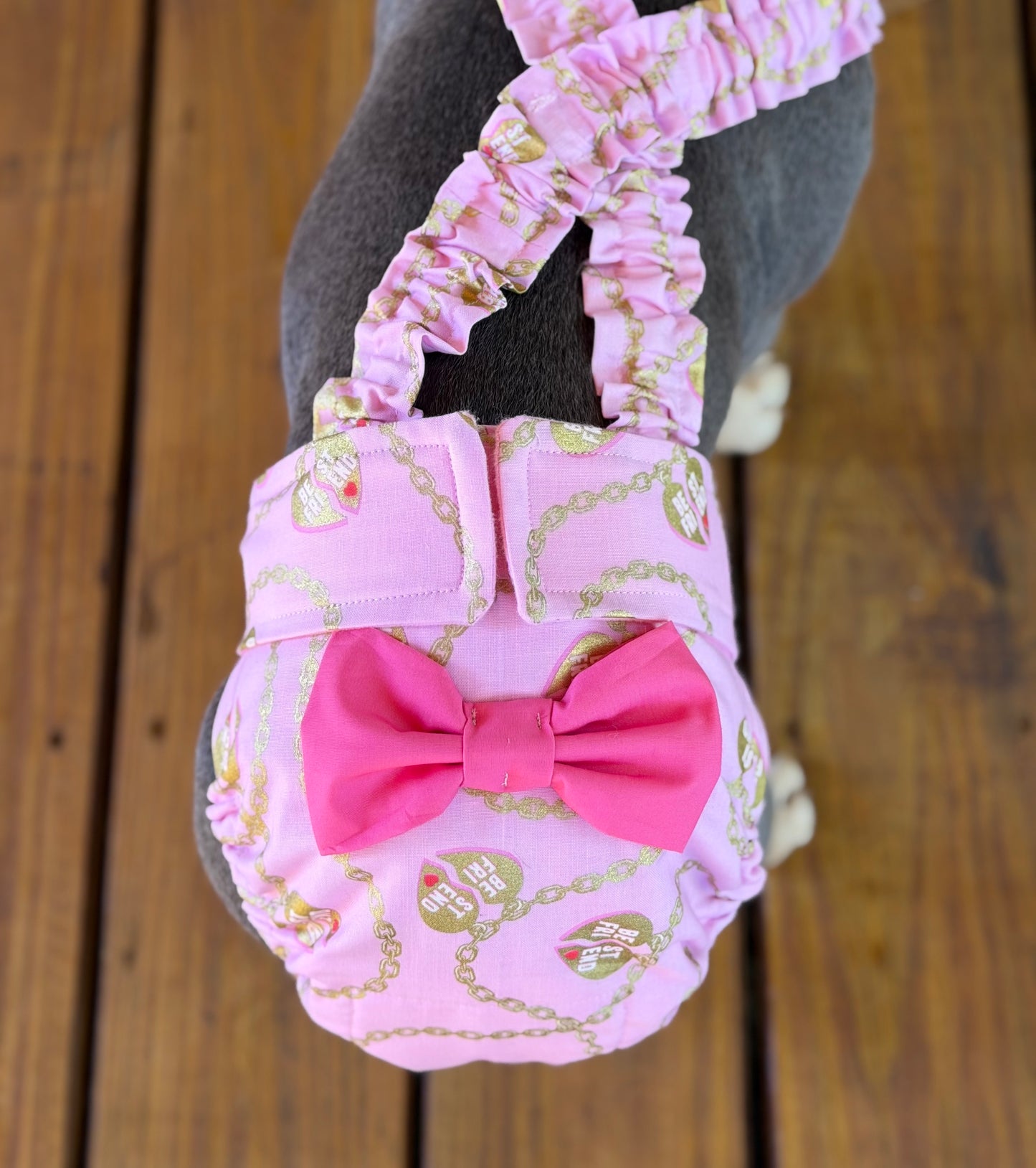 French Bulldog English Bulldog Female Dog Diaper with Suspenders - Pink My Best Friend w bow - Wephies