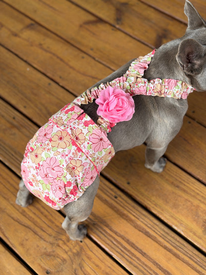 Dog wearing a floral onesie with a pink flower 