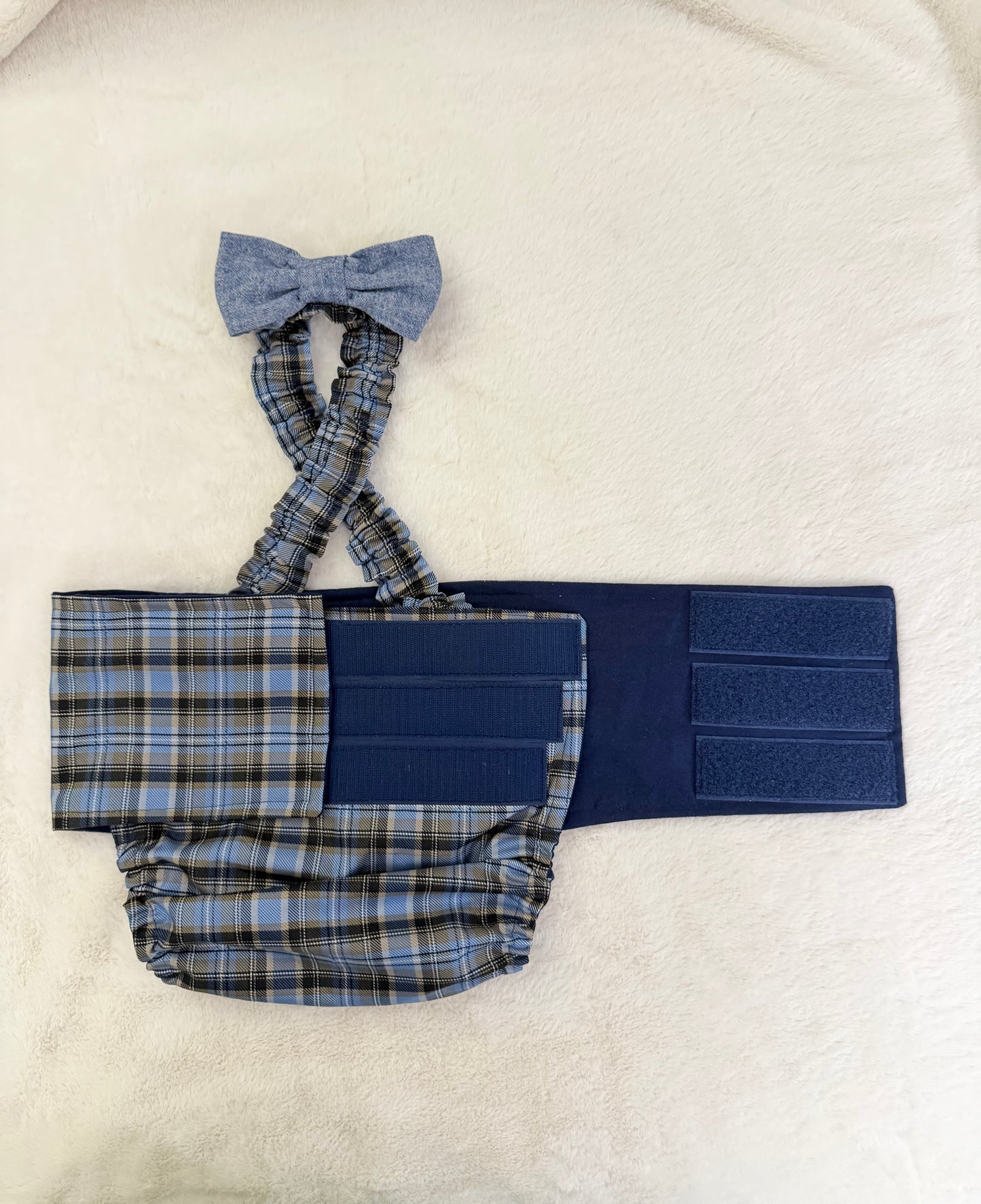 French Bulldog English Bulldog Male Belly Band Diaper w Suspenders - Plaid Blue Gray