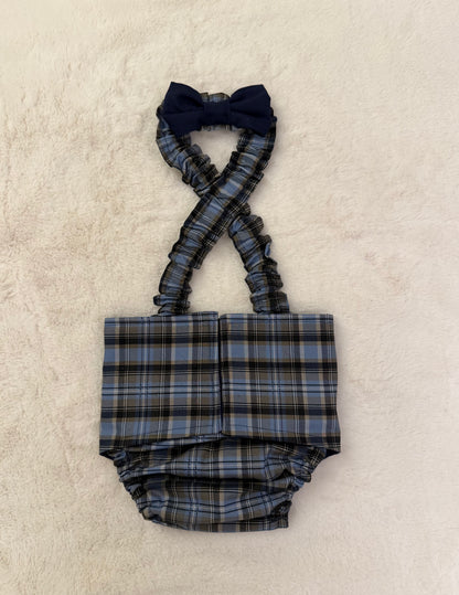 French Bulldog English Bulldog Male Belly Band Diaper w Suspenders - Plaid Blue Gray