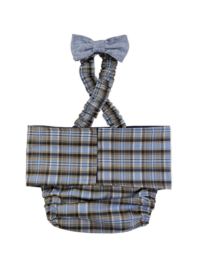 French Bulldog English Bulldog Male Belly Band Diaper w Suspenders - Plaid Blue Gray