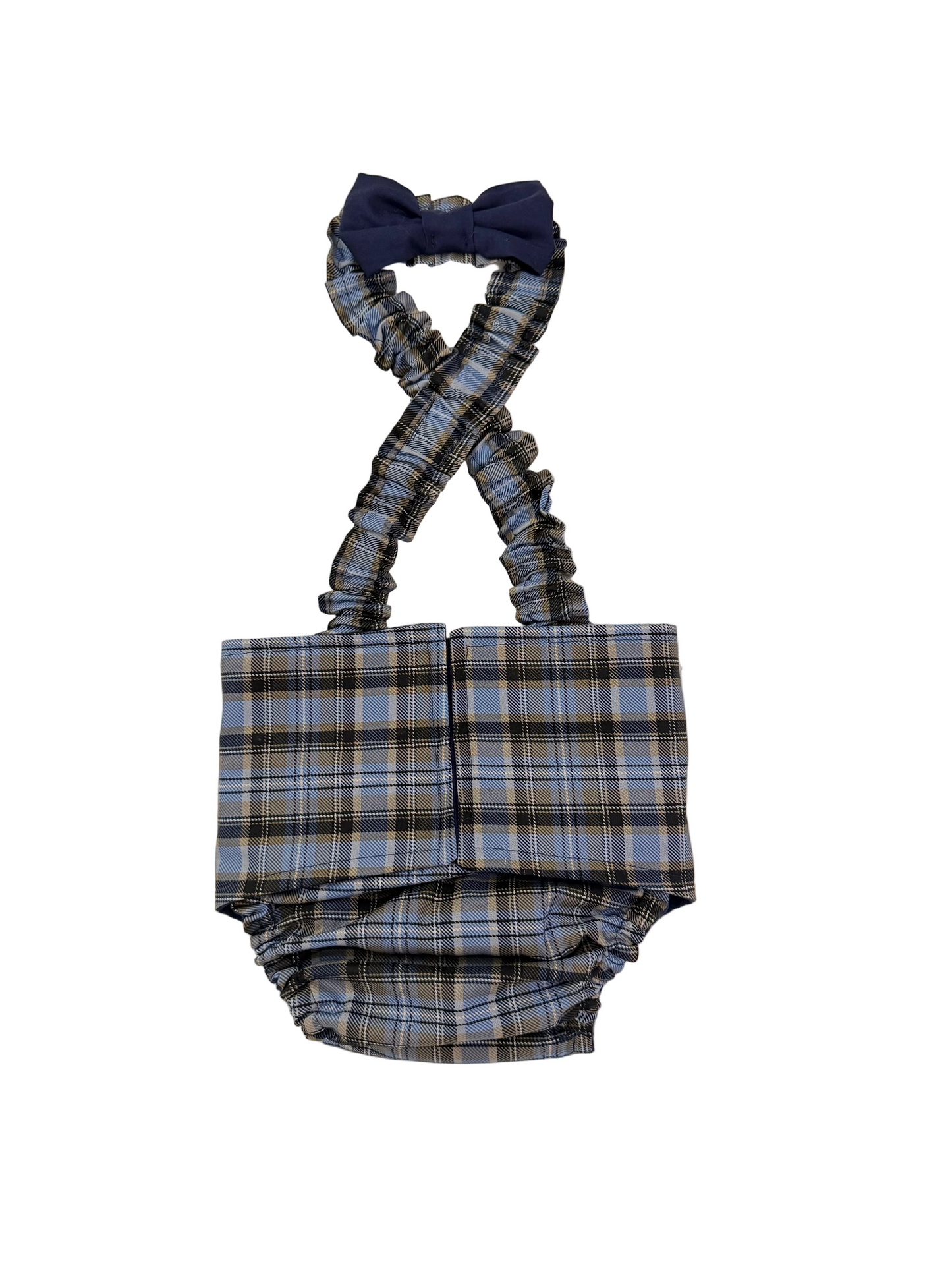 French Bulldog English Bulldog Male Belly Band Diaper w Suspenders - Plaid Blue Gray