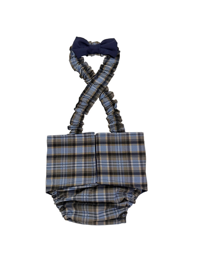 French Bulldog English Bulldog Male Belly Band Diaper w Suspenders - Plaid Blue Gray