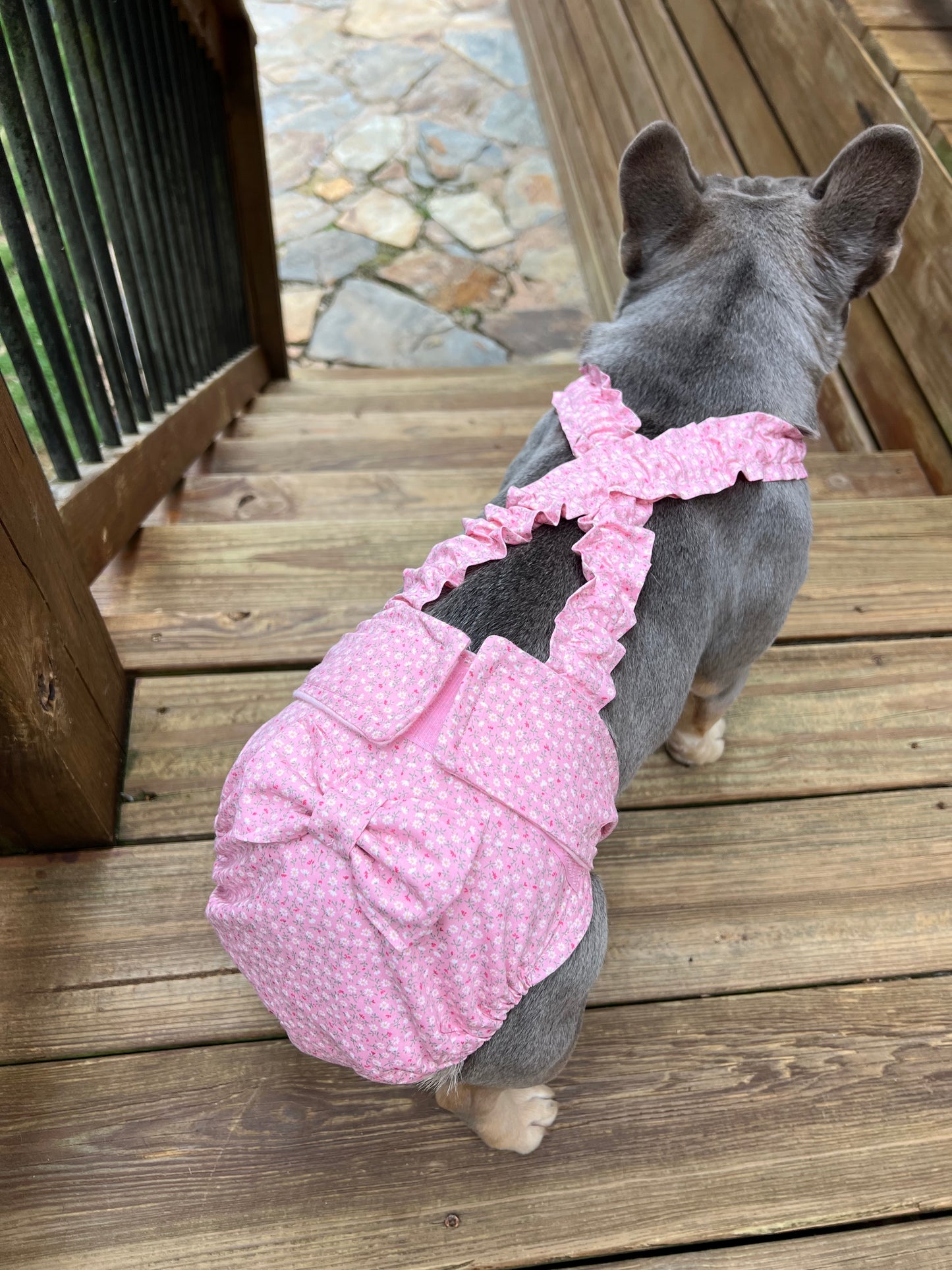 French Bulldog Heat Diaper with Suspenders – Washable Female Dog Diaper – Pink Sevenberry Floral