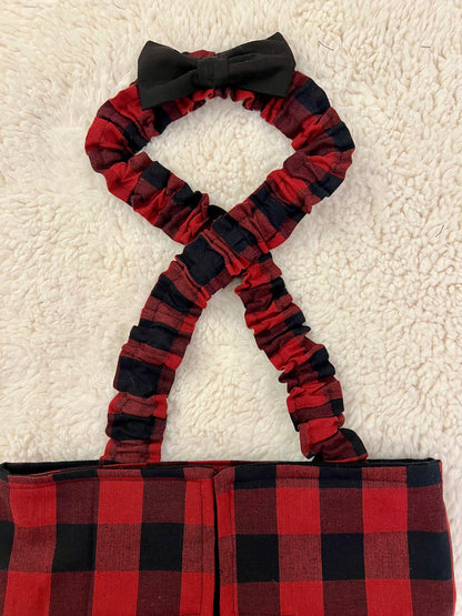 French Bulldog English Bulldog Male Belly Band Diaper w Suspenders - Buffalo Plaid with black bow tie