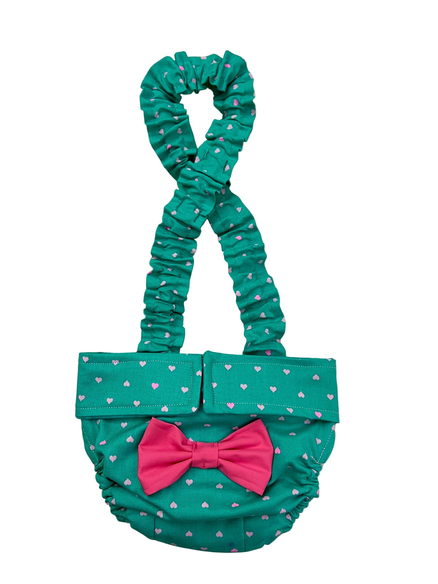 turquoise dog diaper with pink hearts and suspenders